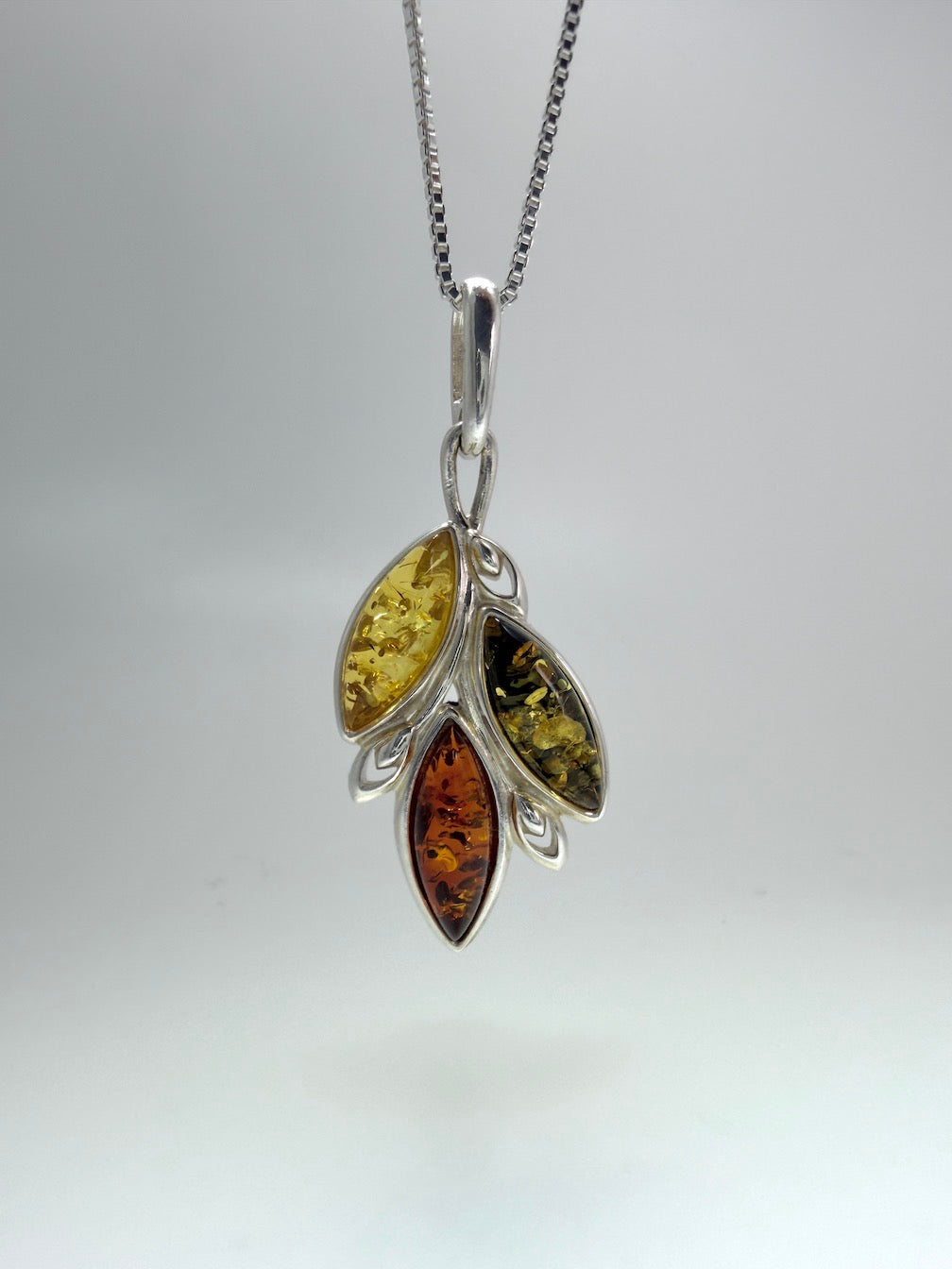 Sterling Silver Three-Stone Baltic Amber Pendant – Handmade in Poland – Marquise Amber Necklace