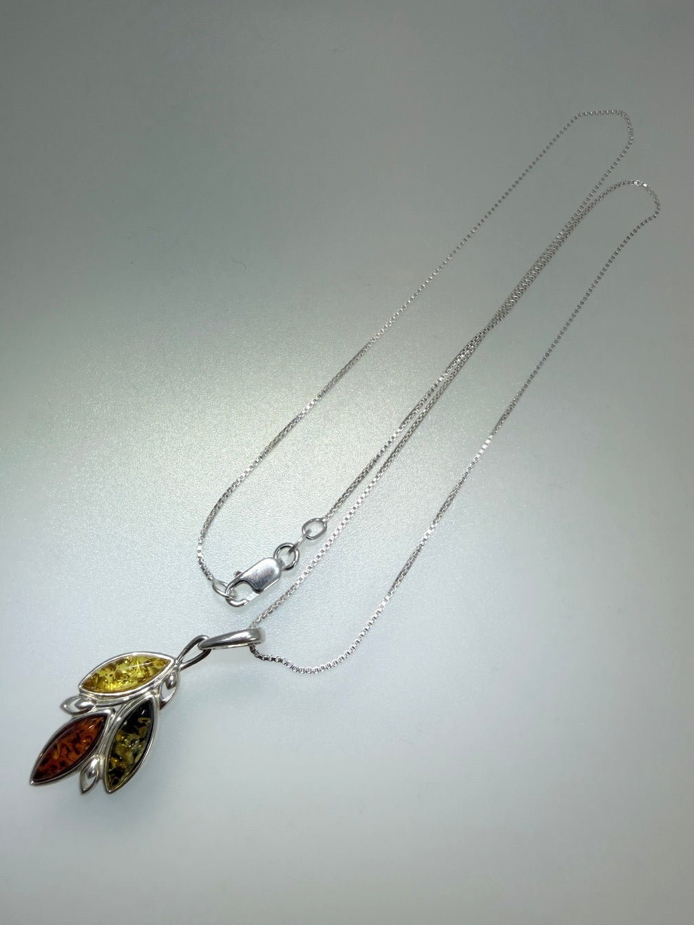 Sterling Silver Three-Stone Baltic Amber Pendant – Handmade in Poland – Marquise Amber Necklace