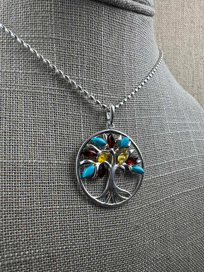 Sterling Silver Tree of Life Pendant - Cognac & Lemon Baltic Amber with Turquoise - Choice of Chain