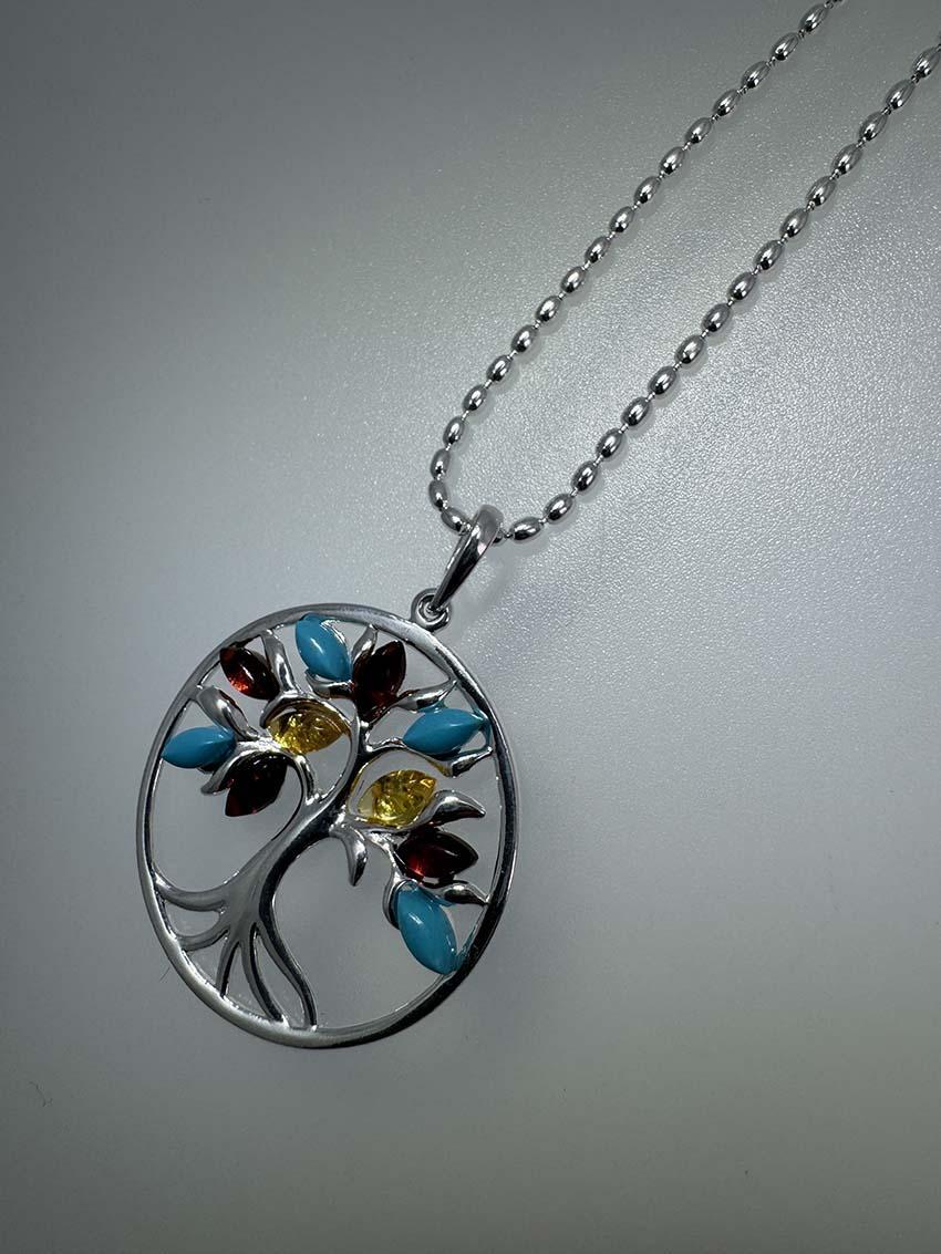 Sterling Silver Tree of Life Pendant - Cognac & Lemon Baltic Amber with Turquoise - Choice of Chain