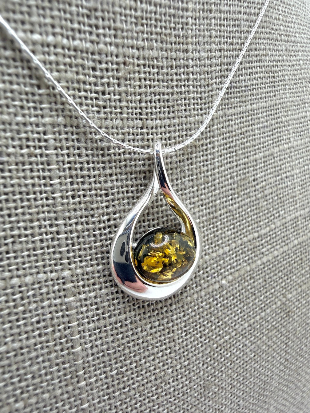 Sterling Silver Wrap-Twist Pendant with Genuine Baltic Amber • Honey or Green • Lightweight & Elegant