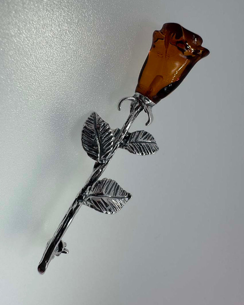 Sterling Silver & Baltic Amber Carved Rose Brooch - Honey Cognac