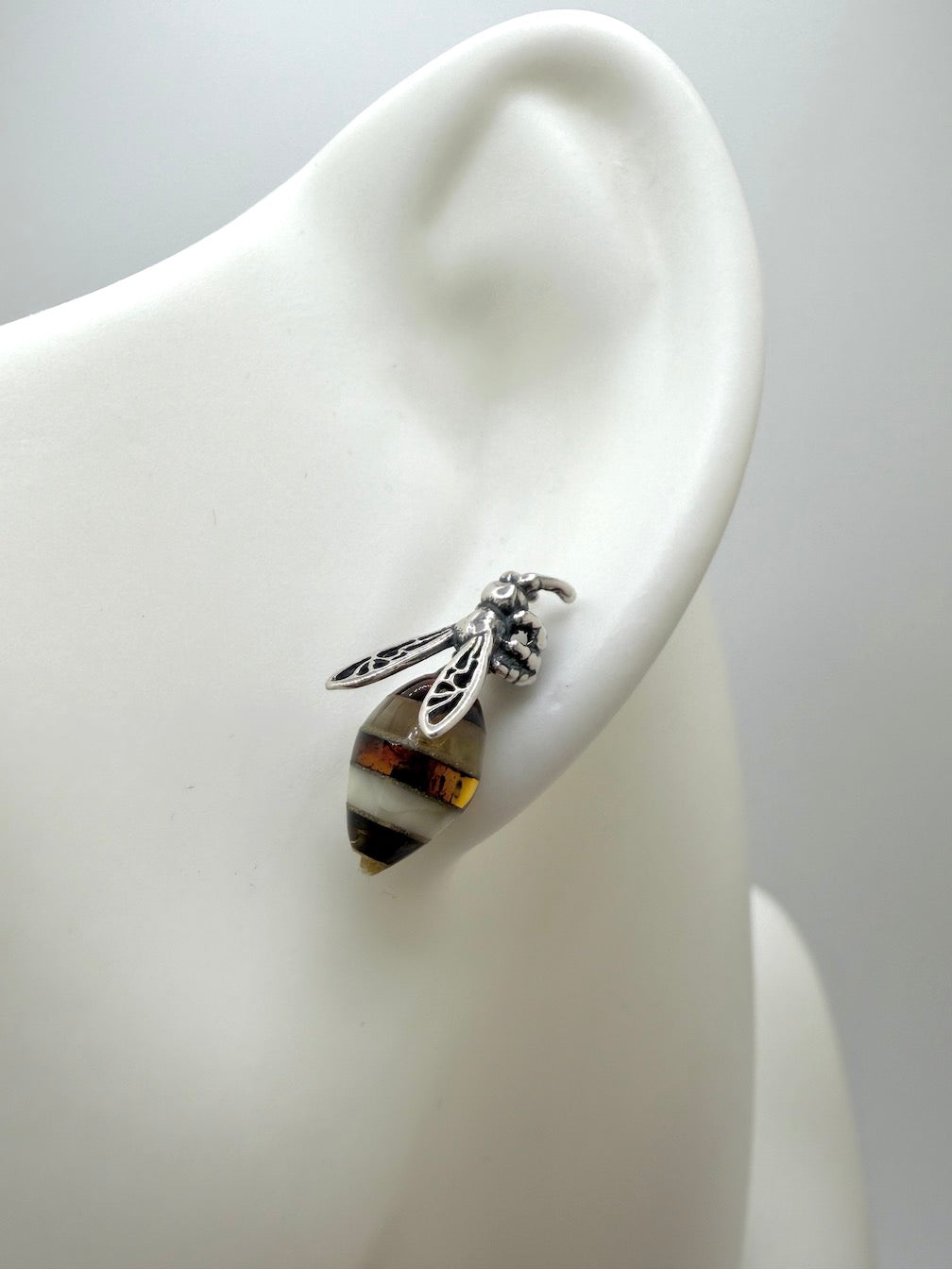 Sterling Silver & Genuine Baltic Amber Bumblebee Stud Earrings