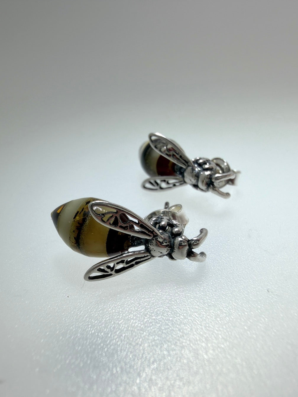 Sterling Silver & Genuine Baltic Amber Bumblebee Stud Earrings
