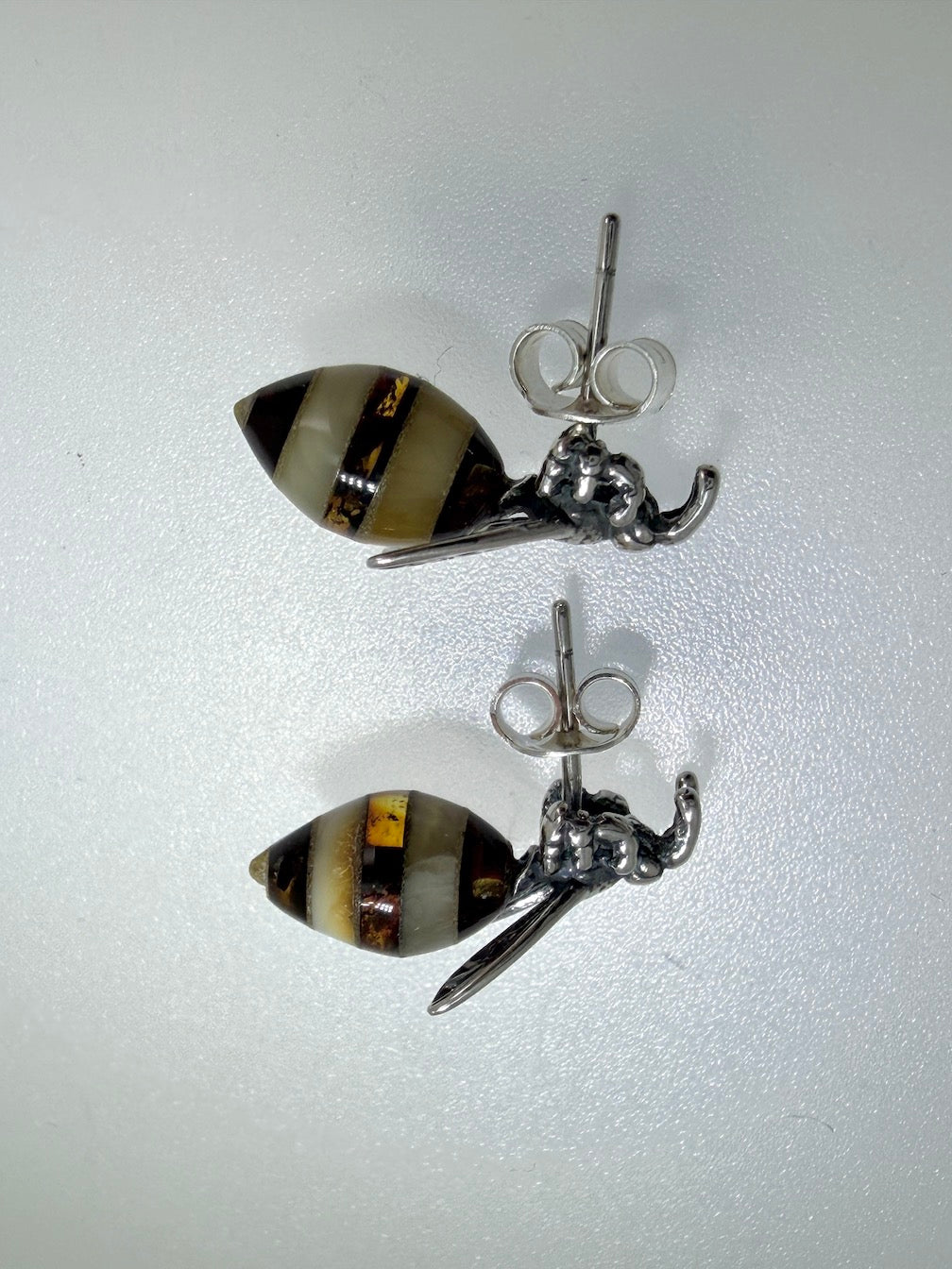 Sterling Silver & Genuine Baltic Amber Bumblebee Stud Earrings