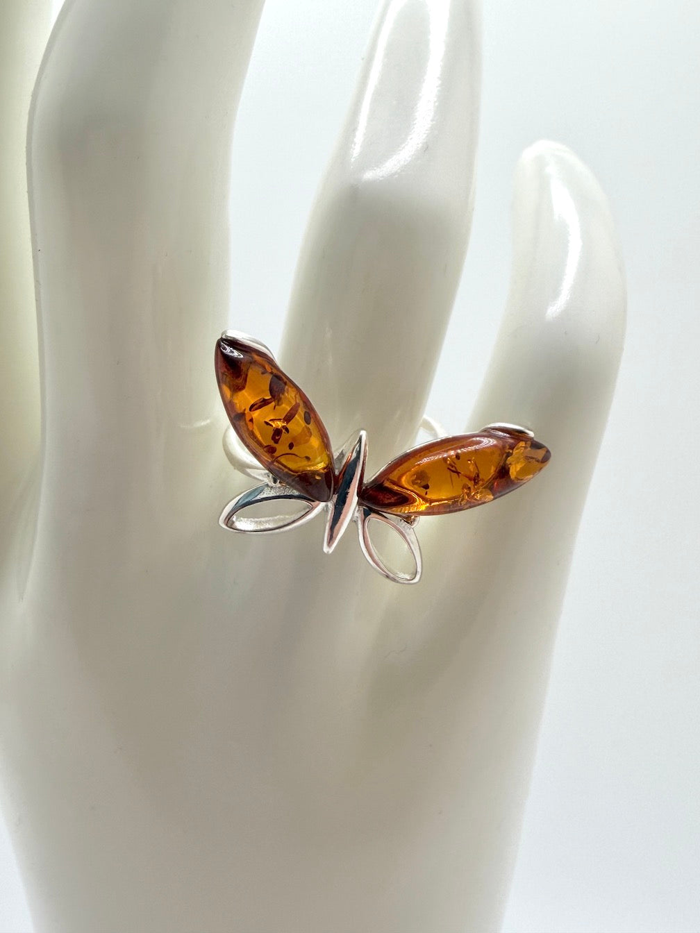 Sterling Silver & Genuine Baltic Amber Butterfly Ring – Handmade in Poland