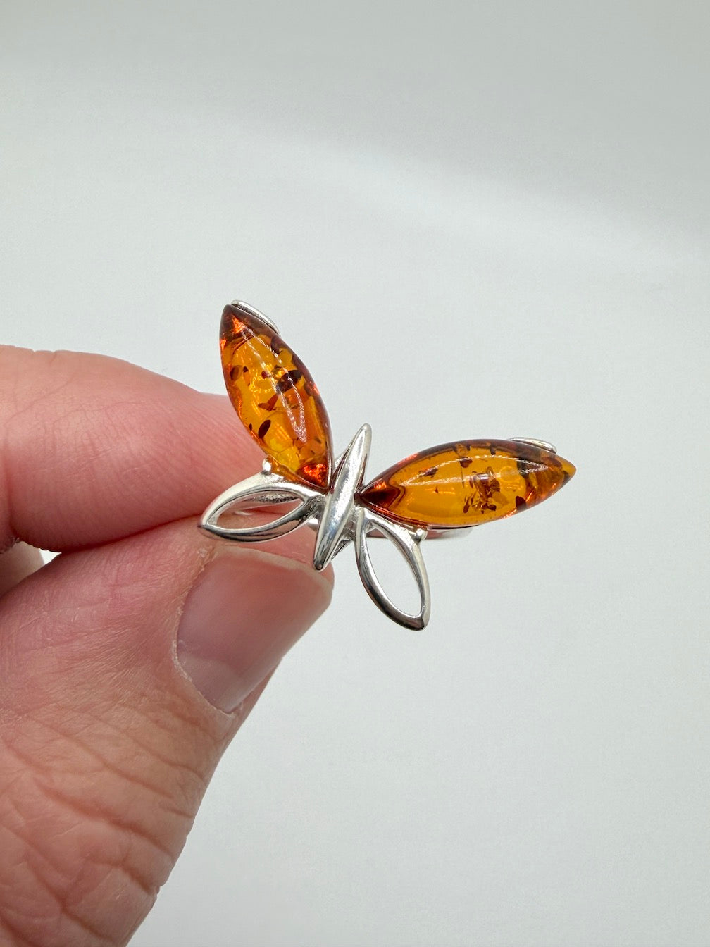 Sterling Silver & Genuine Baltic Amber Butterfly Ring – Handmade in Poland