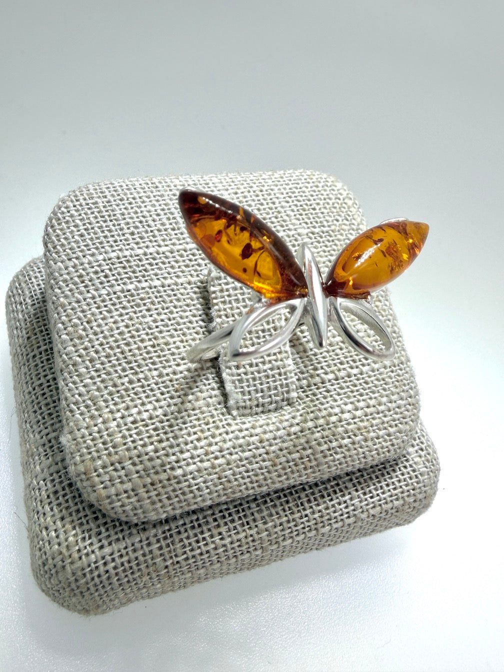 Sterling Silver & Genuine Baltic Amber Butterfly Ring – Handmade in Poland
