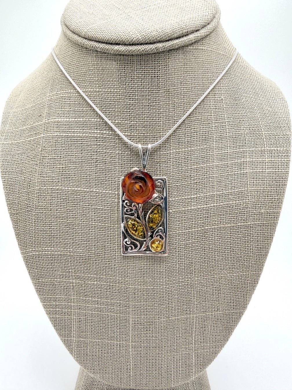 Sterling Silver & Genuine Baltic Amber Carved Rose Pendant Necklace