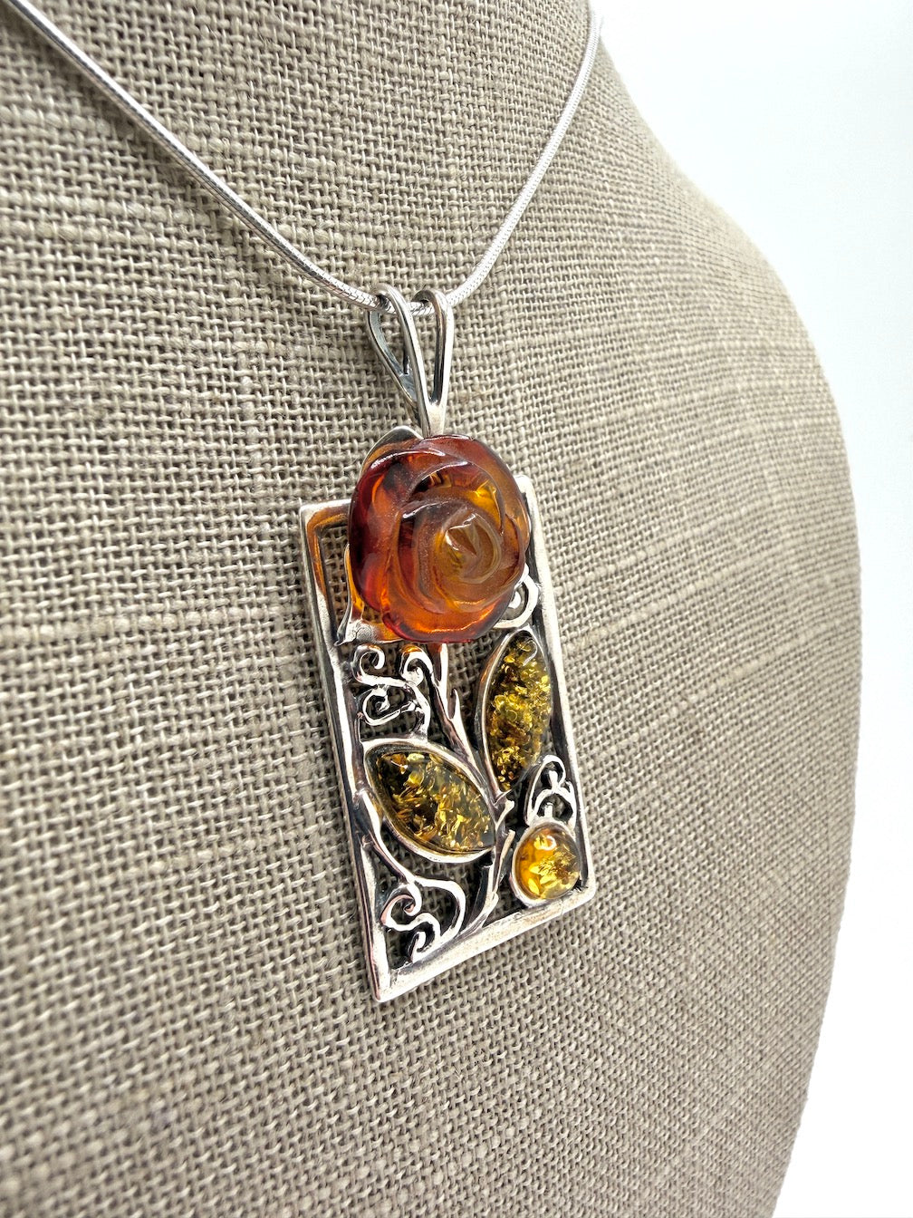 Sterling Silver & Genuine Baltic Amber Carved Rose Pendant Necklace