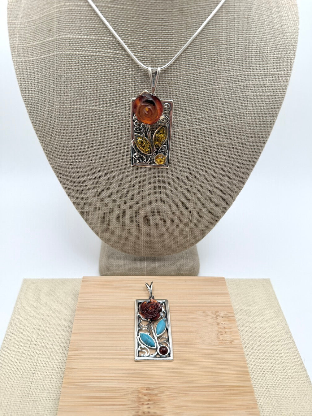 Sterling Silver & Genuine Baltic Amber Carved Rose Pendant Necklace
