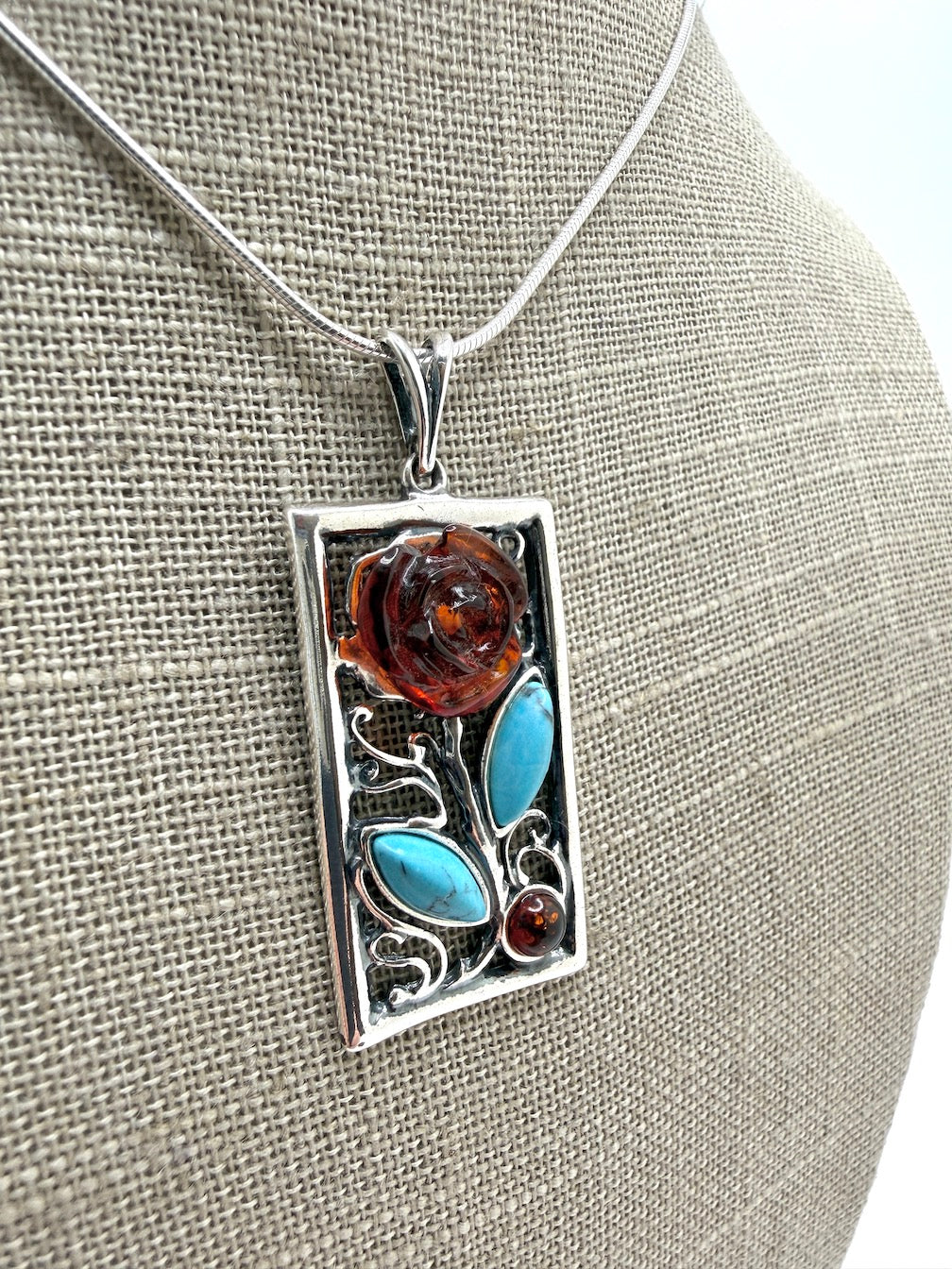 Sterling Silver & Genuine Baltic Amber Carved Rose Pendant Necklace