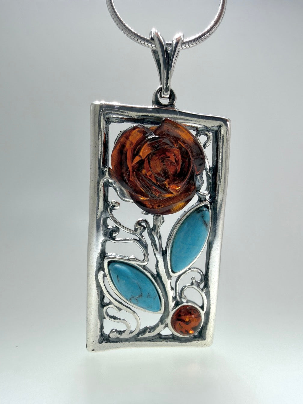 Sterling Silver & Genuine Baltic Amber Carved Rose Pendant Necklace