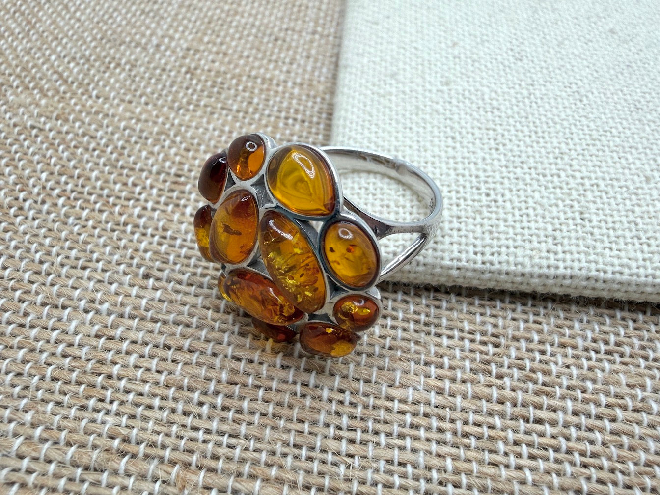 Sterling Silver & Genuine Baltic Amber Cluster Ring