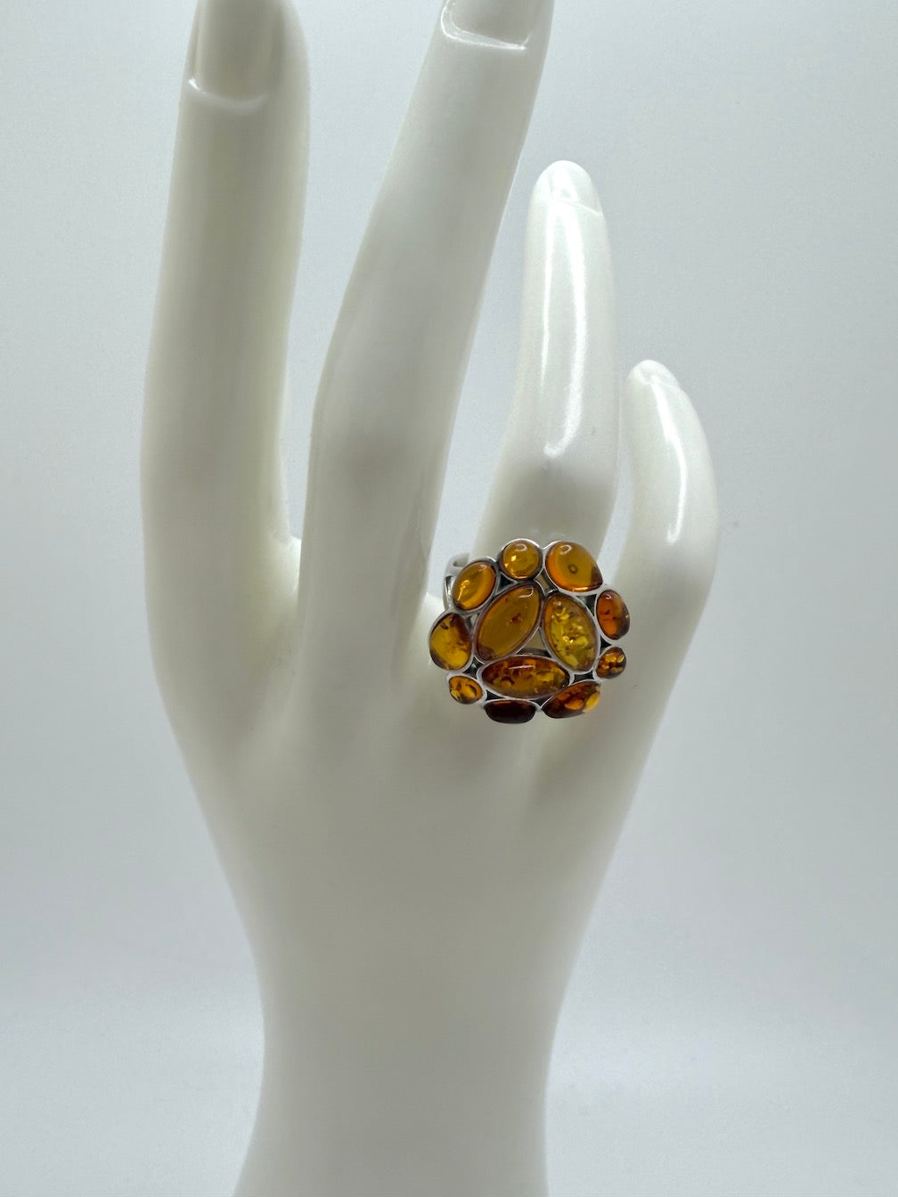 Sterling Silver & Genuine Baltic Amber Cluster Ring