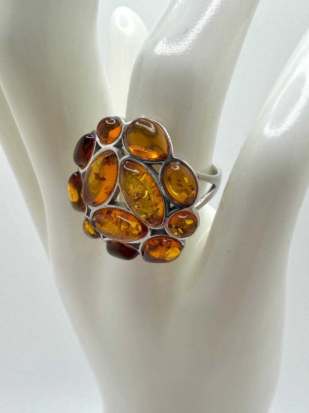 Sterling Silver & Genuine Baltic Amber Cluster Ring