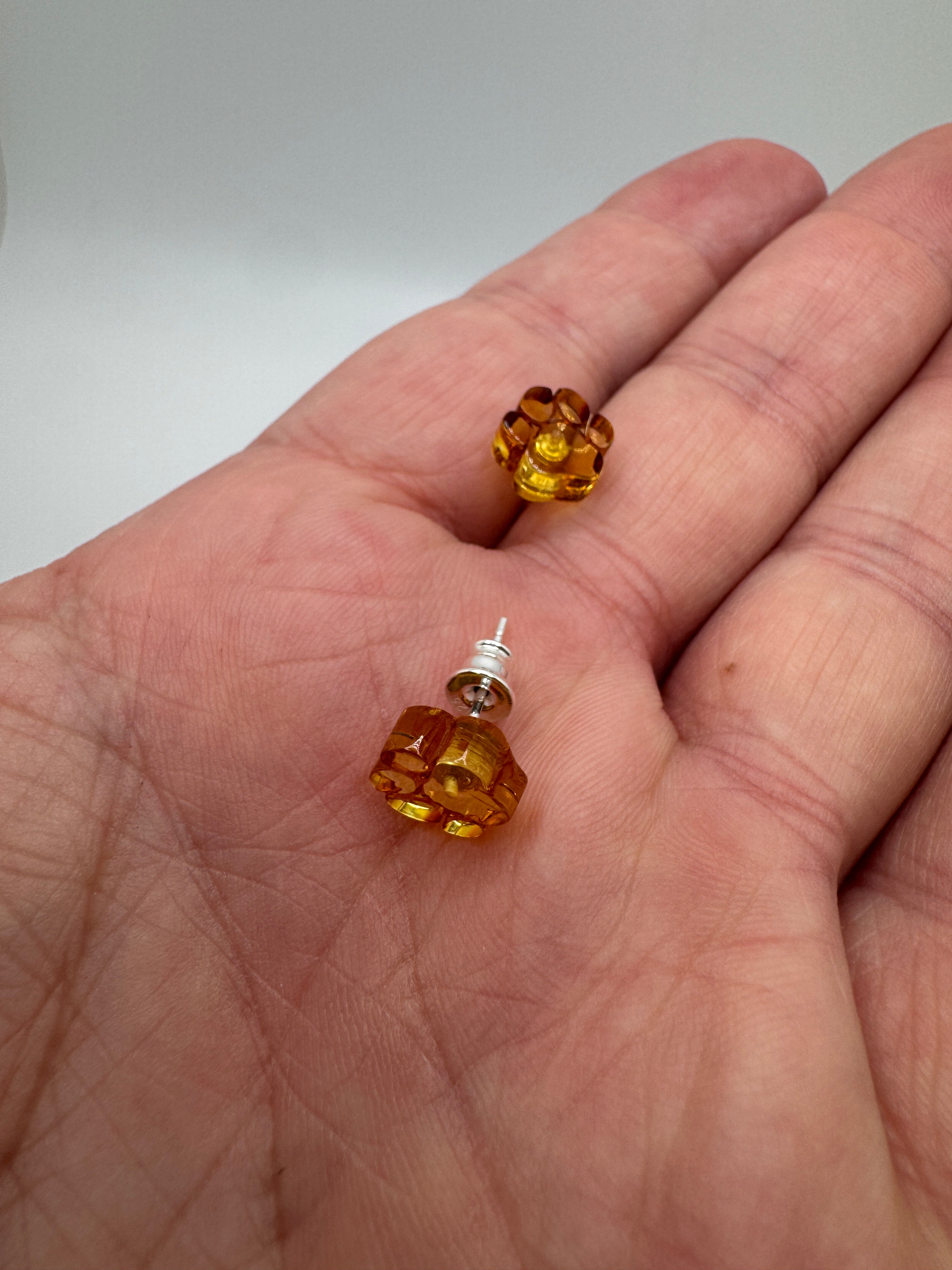 Sterling Silver & Genuine Baltic Amber Dog Paw Post - Stud Earrings 