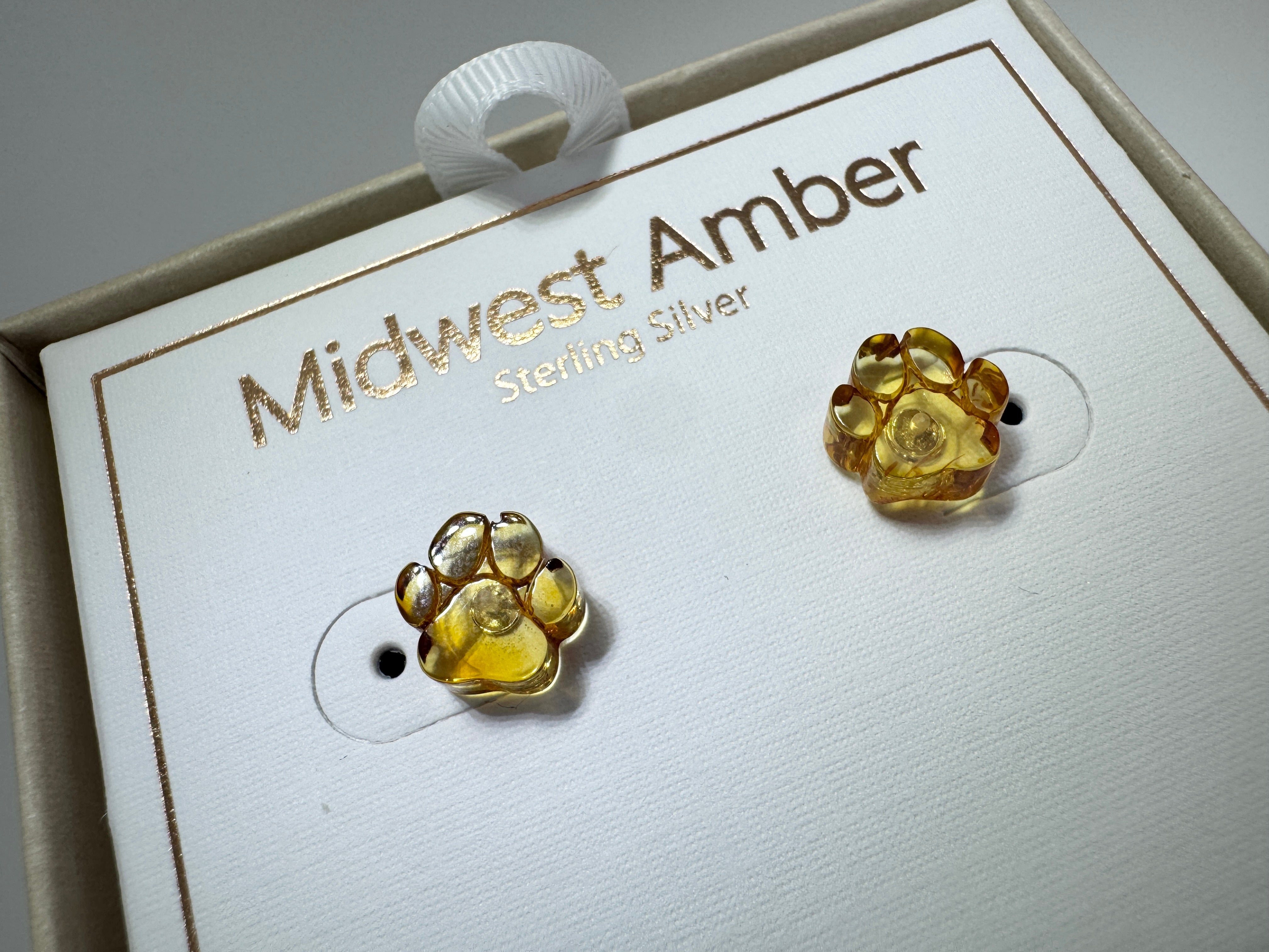 Sterling Silver & Genuine Baltic Amber Dog Paw Post - Stud Earrings 