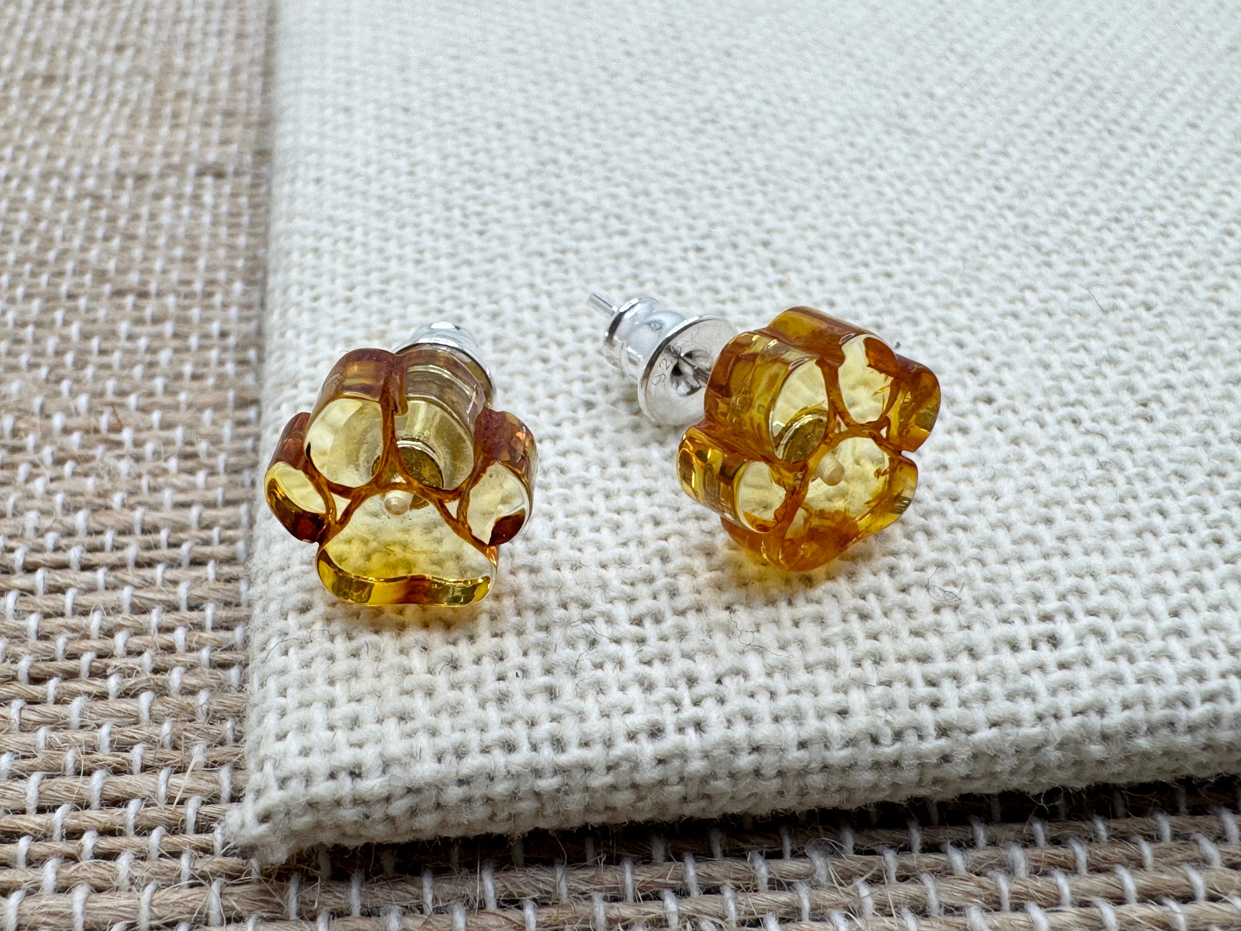 Sterling Silver & Genuine Baltic Amber Dog Paw Post - Stud Earrings 