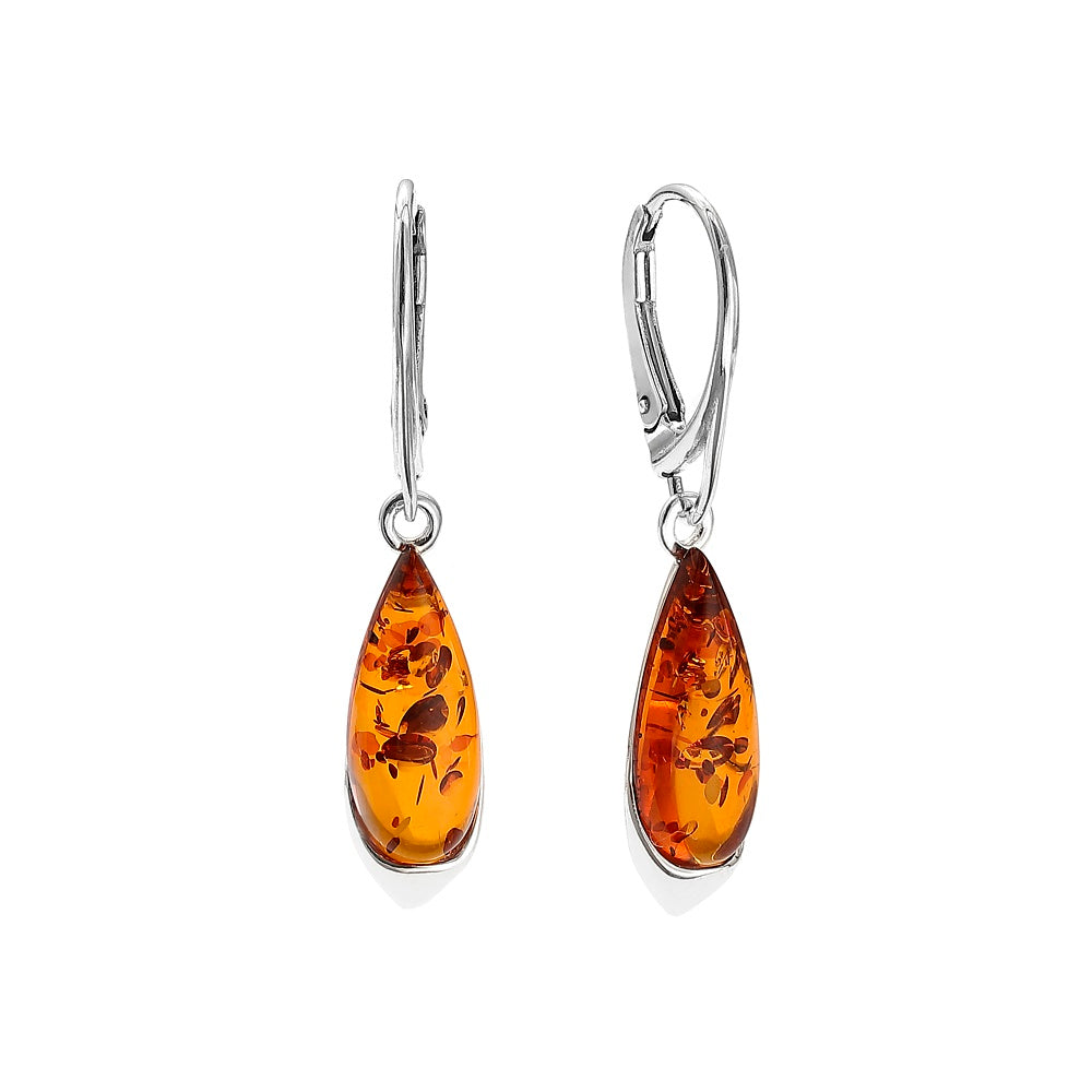 Sterling Silver & Genuine Baltic Amber Drop Lever Back Earrings – Handmade in Poland 