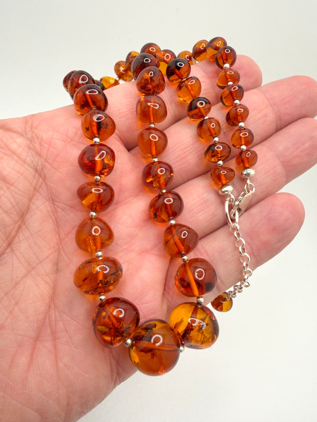 Sterling Silver & Genuine Baltic Amber Graduated Beaded Necklace – Cognac Amber