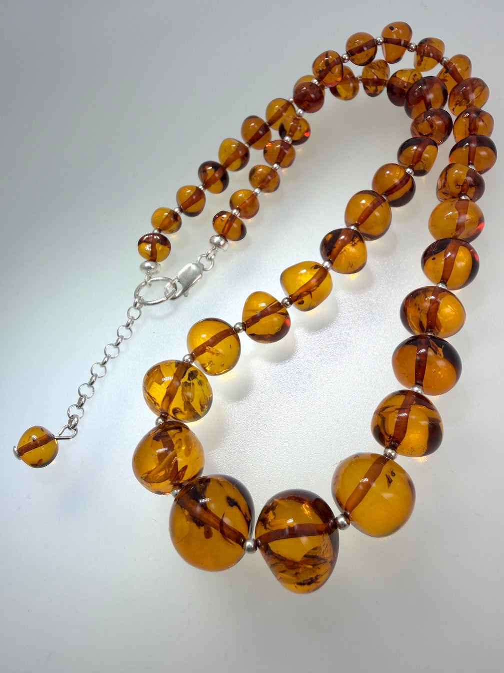 Sterling Silver & Genuine Baltic Amber Graduated Beaded Necklace – Cognac Amber
