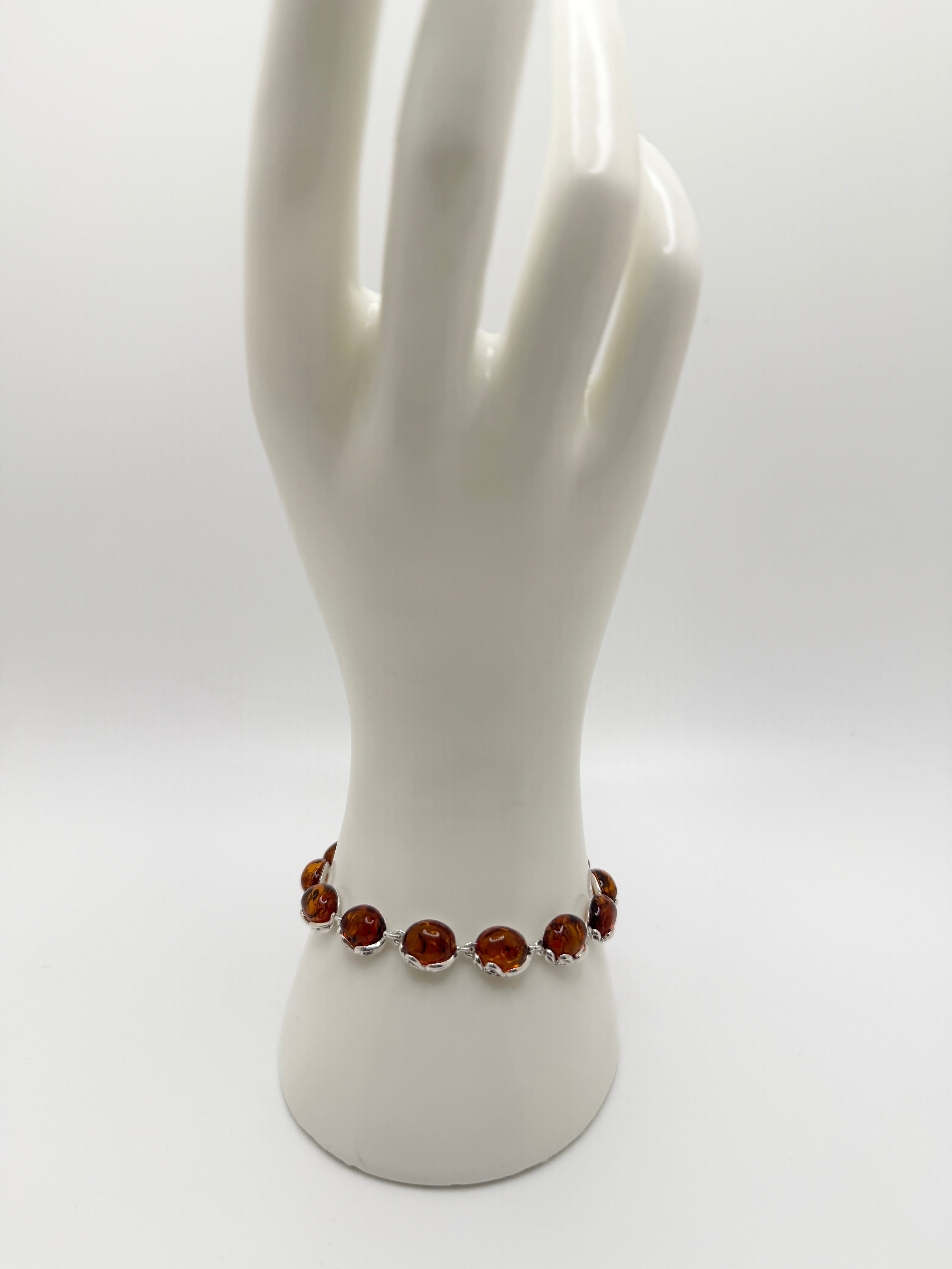 Sterling Silver & Genuine Baltic Amber Link Bracelet – Handmade in Poland