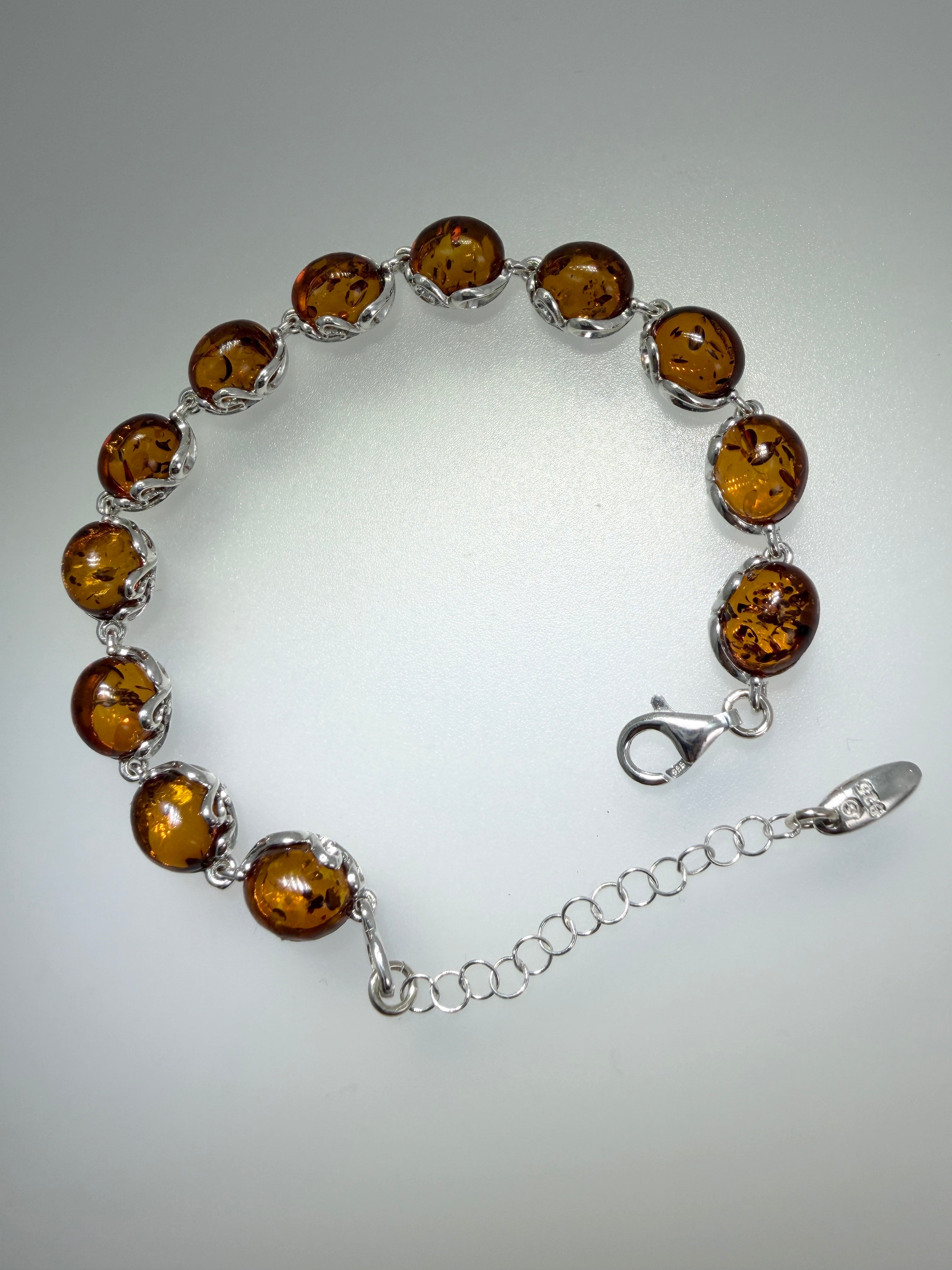Sterling Silver & Genuine Baltic Amber Link Bracelet – Handmade in Poland