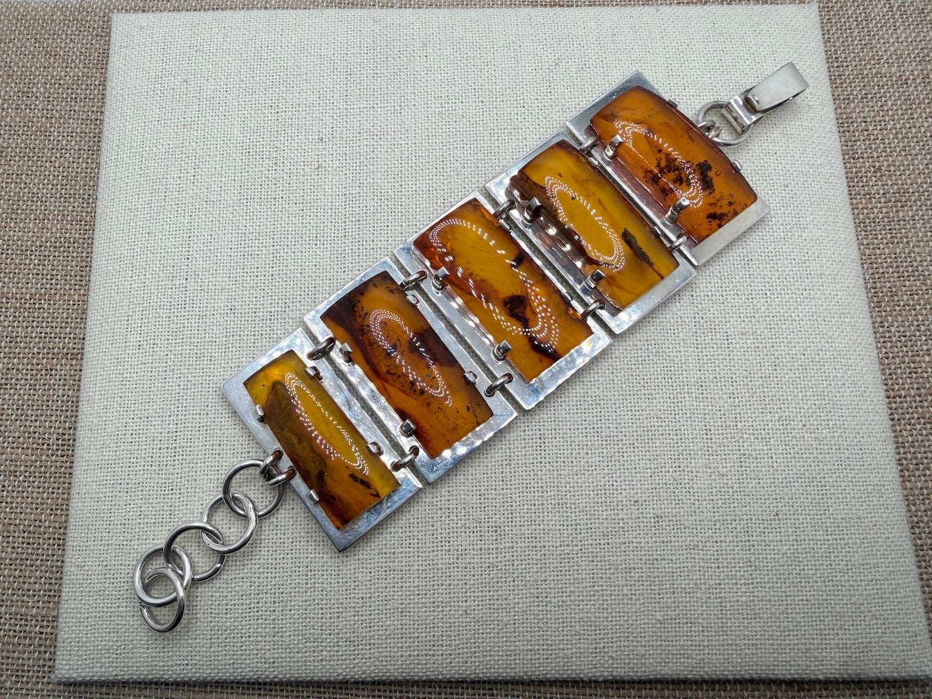 Sterling Silver & Genuine Baltic Amber Mariusz Gliwinski “Ambermoda” Designer Cuff Bracelet