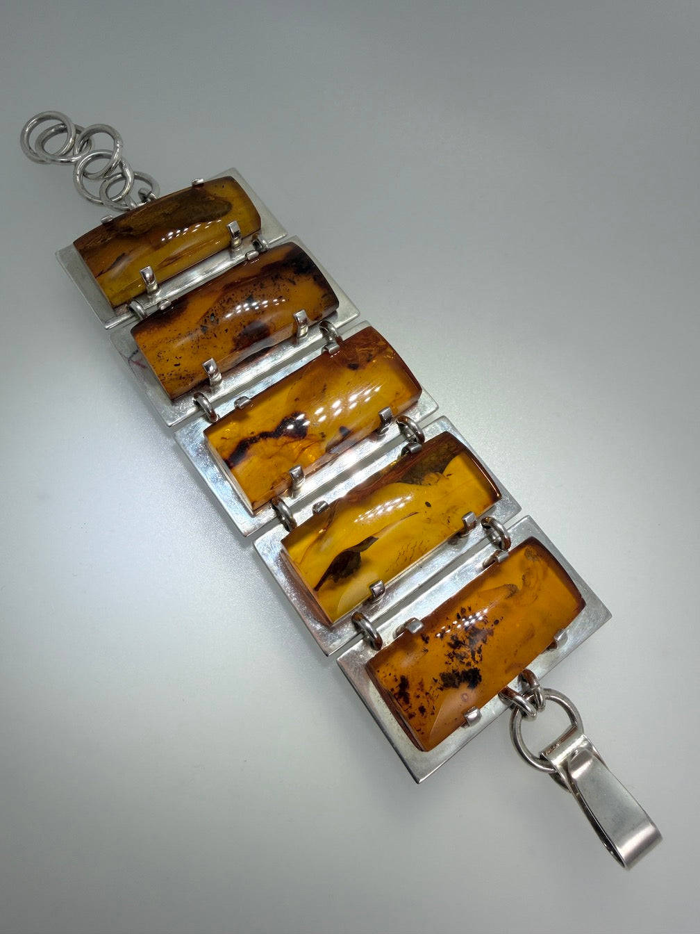 Sterling Silver & Genuine Baltic Amber Mariusz Gliwinski “Ambermoda” Designer Cuff Bracelet