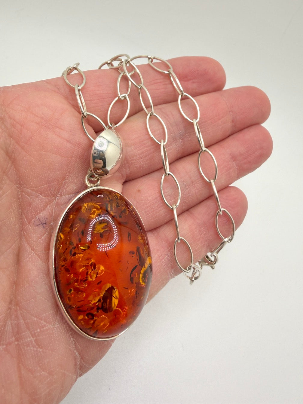 Sterling Silver & Genuine Baltic Amber Modern Pendant Necklace