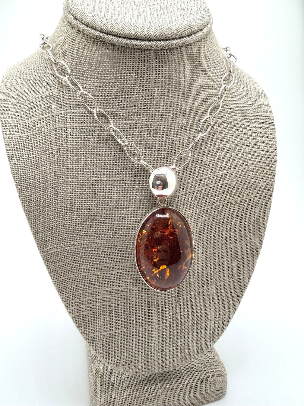Sterling Silver & Genuine Baltic Amber Modern Pendant Necklace