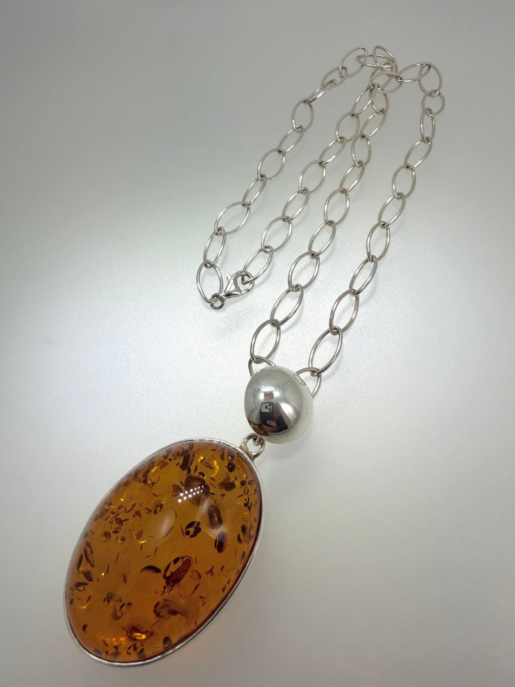 Sterling Silver & Genuine Baltic Amber Modern Pendant Necklace
