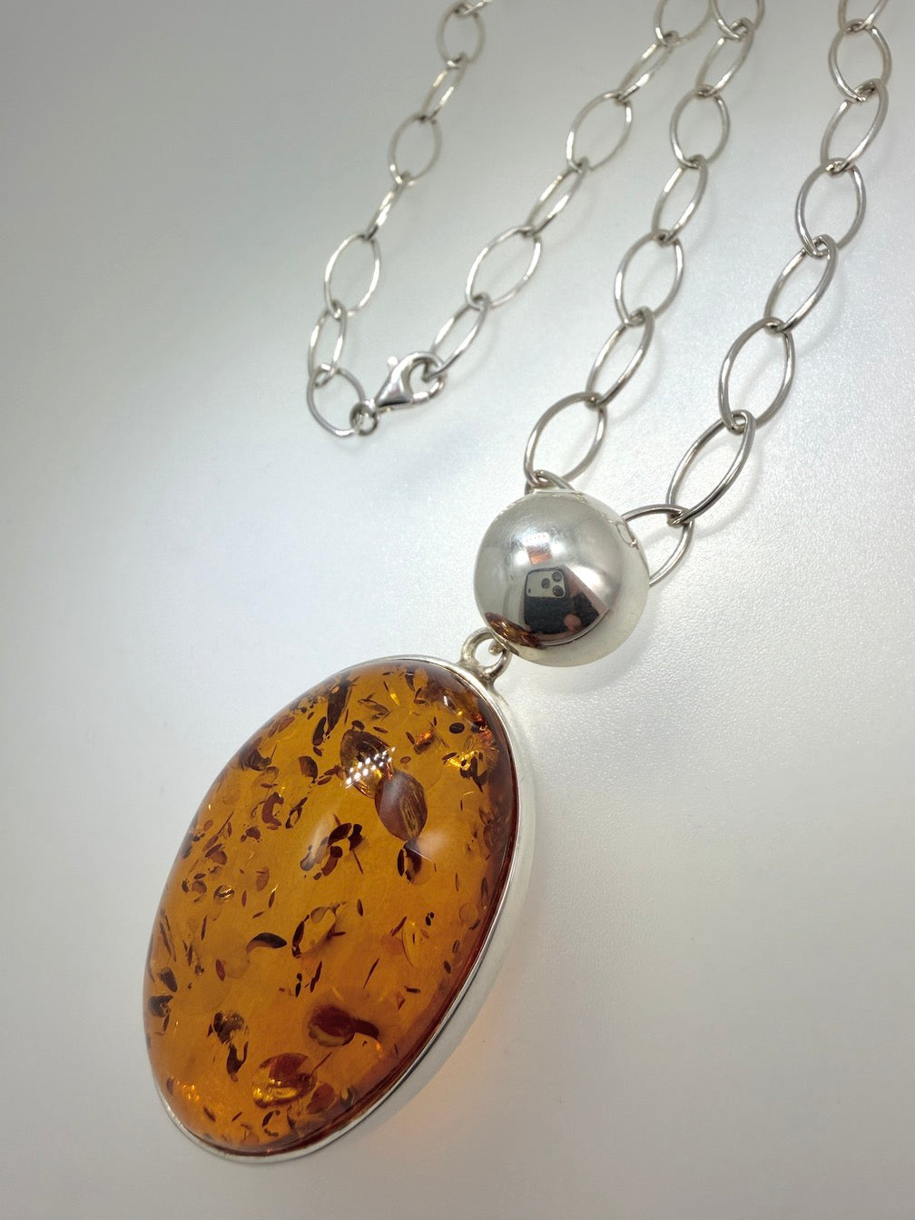 Sterling Silver & Genuine Baltic Amber Modern Pendant Necklace
