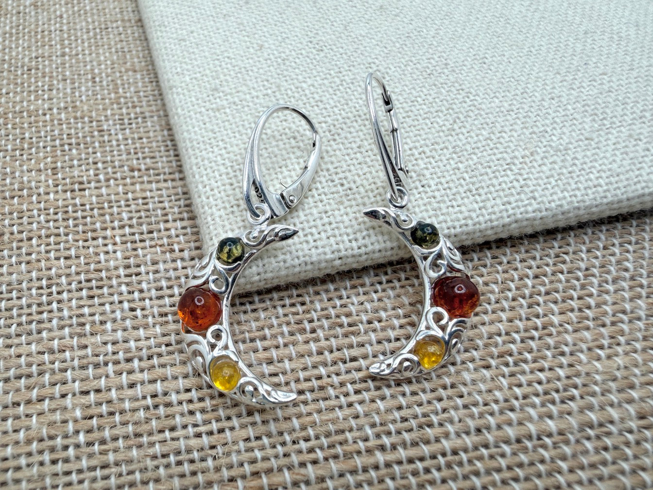 Sterling Silver & Genuine Baltic Amber Moon Drop Earrings