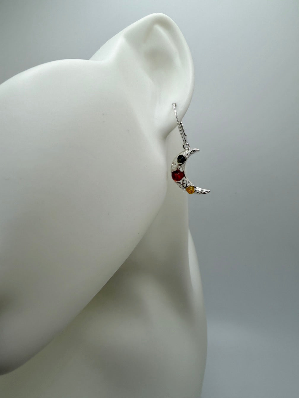 Sterling Silver & Genuine Baltic Amber Moon Drop Earrings