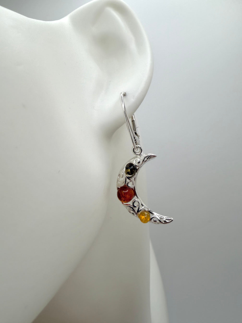 Sterling Silver & Genuine Baltic Amber Moon Drop Earrings