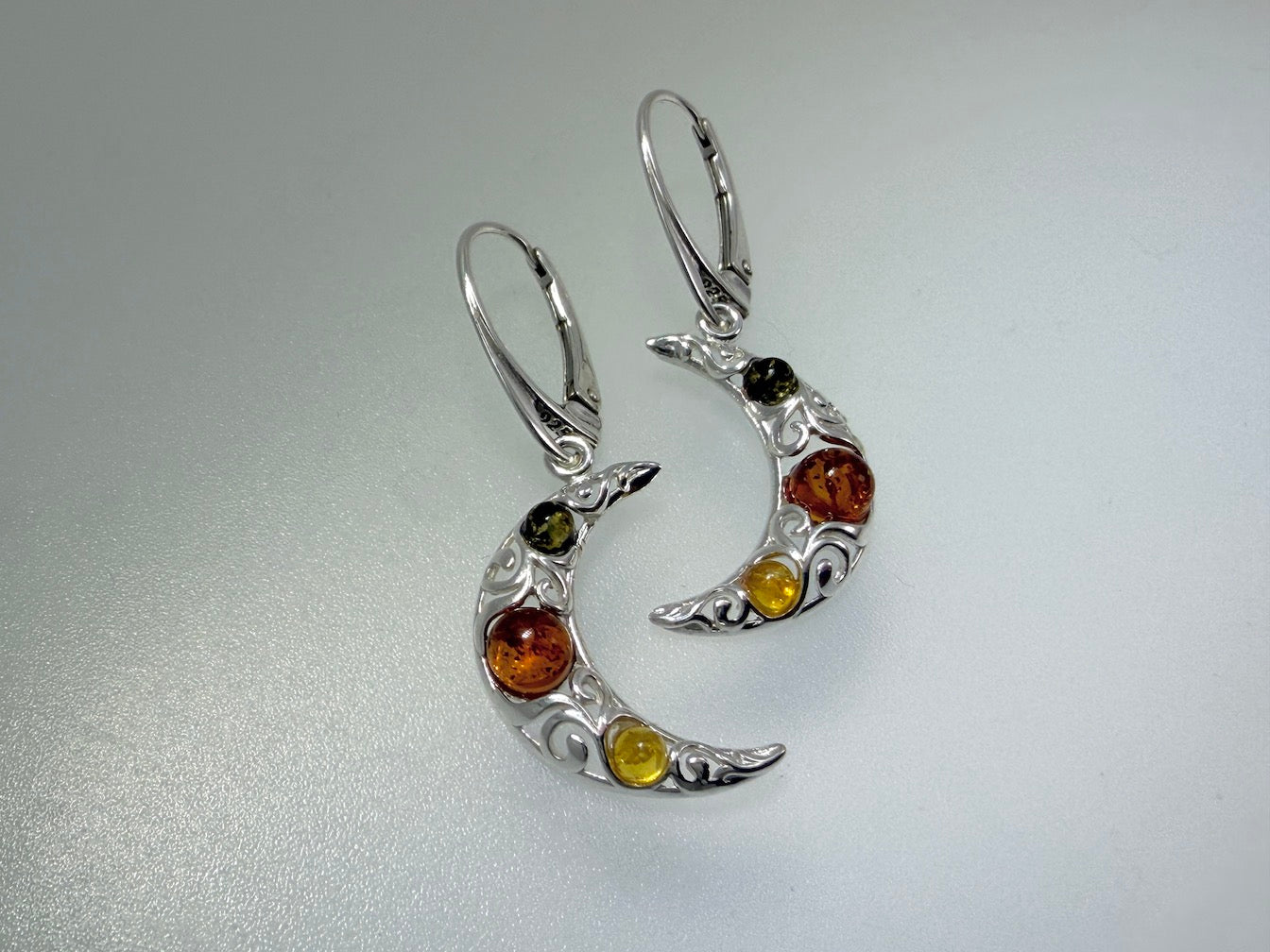 Sterling Silver & Genuine Baltic Amber Moon Drop Earrings