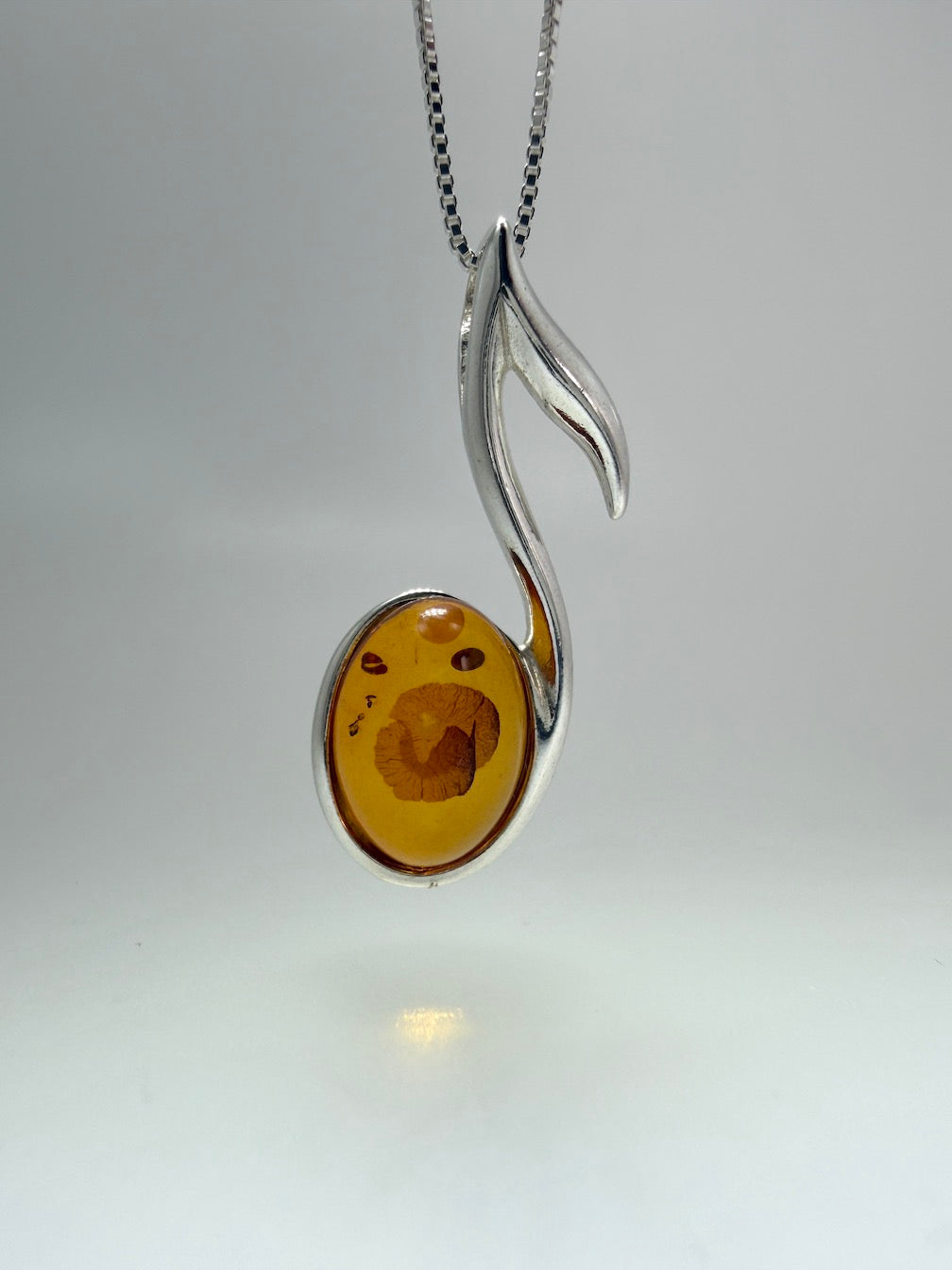 Sterling Silver & Genuine Baltic Amber Music Note Pendant – Shipped on Sterling Silver Box Chain