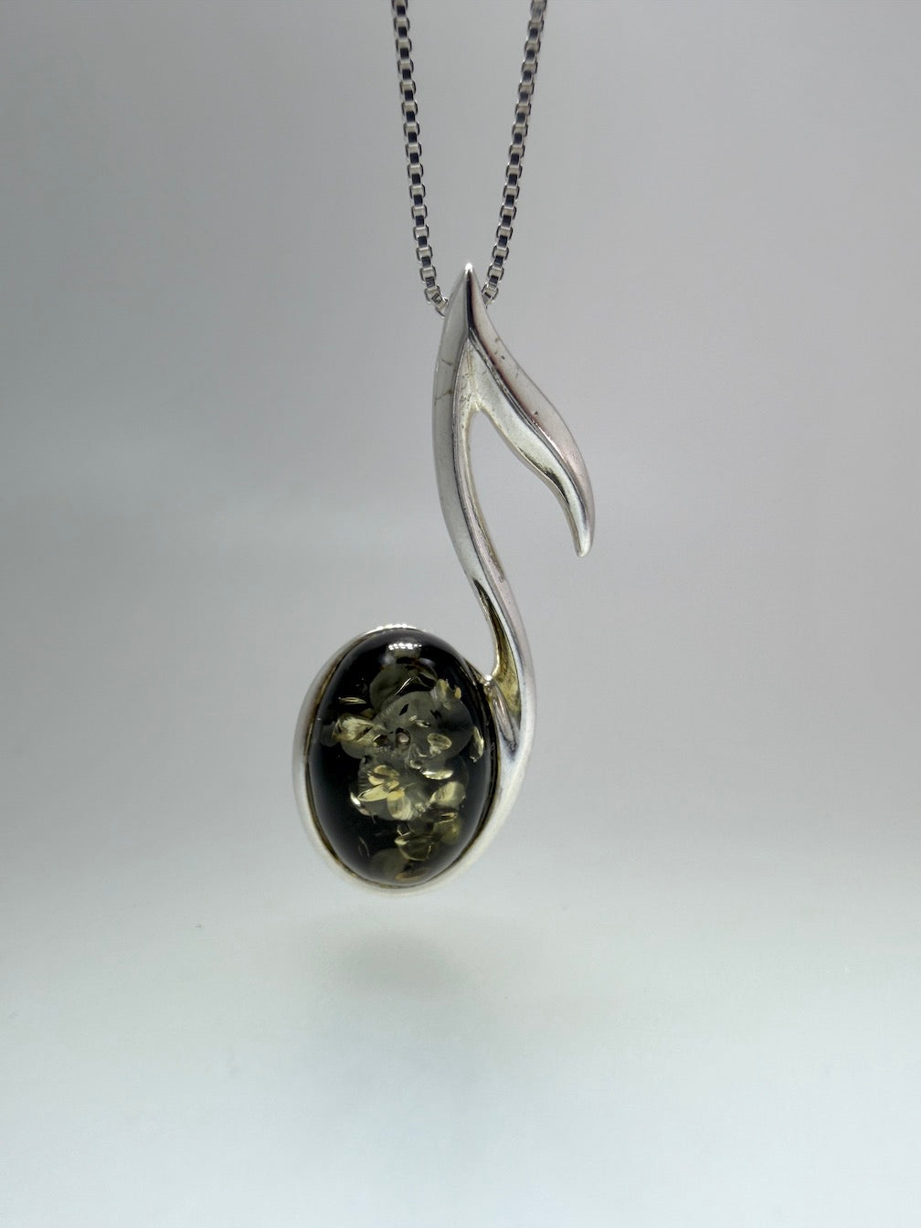 Sterling Silver & Genuine Baltic Amber Music Note Pendant – Shipped on Sterling Silver Box Chain