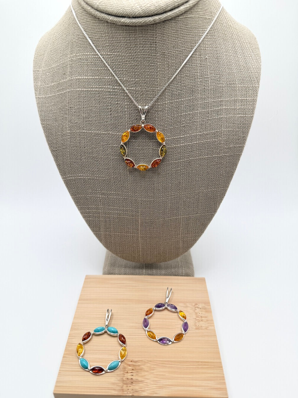 Sterling Silver & Genuine Baltic Amber Open Circle Pendant Necklace 