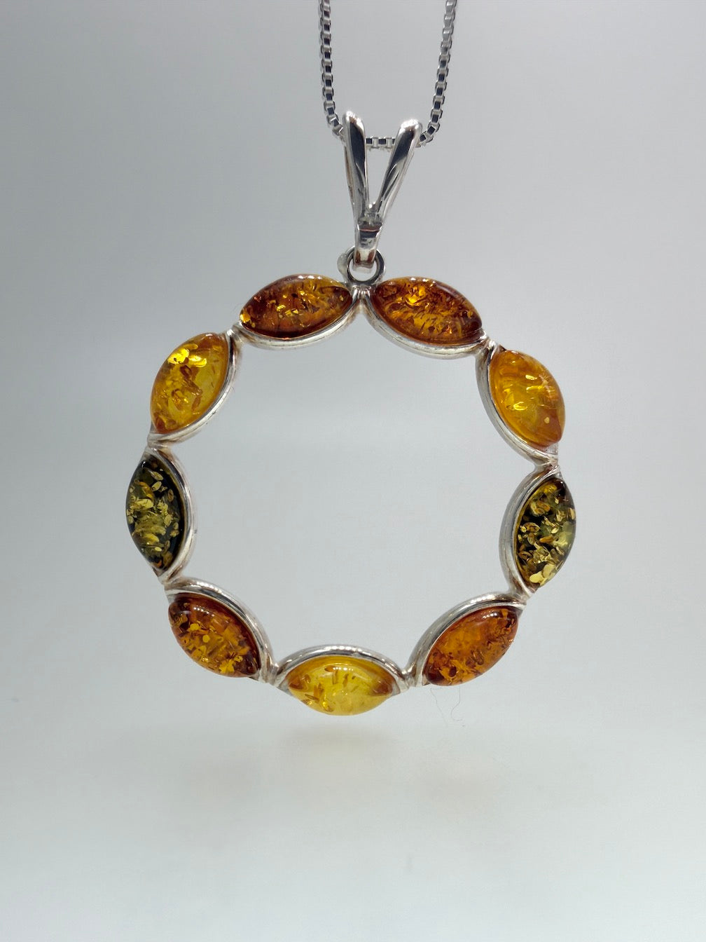 Sterling Silver & Genuine Baltic Amber Open Circle Pendant Necklace 