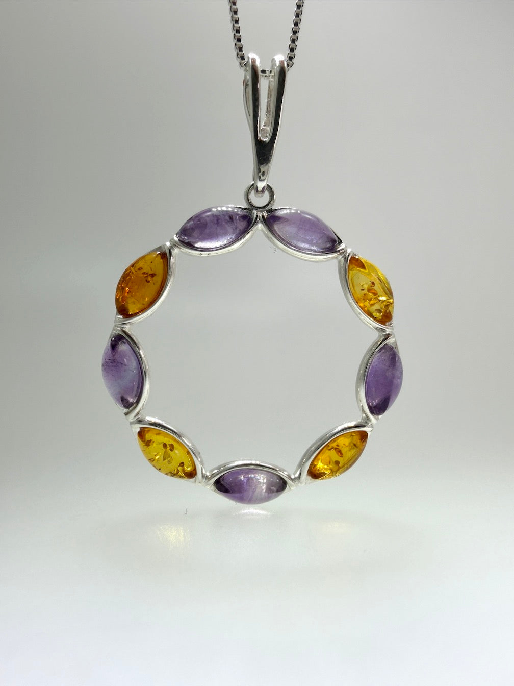 Sterling Silver & Genuine Baltic Amber Open Circle Pendant Necklace 