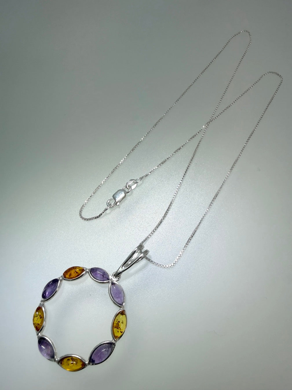 Sterling Silver & Genuine Baltic Amber Open Circle Pendant Necklace 
