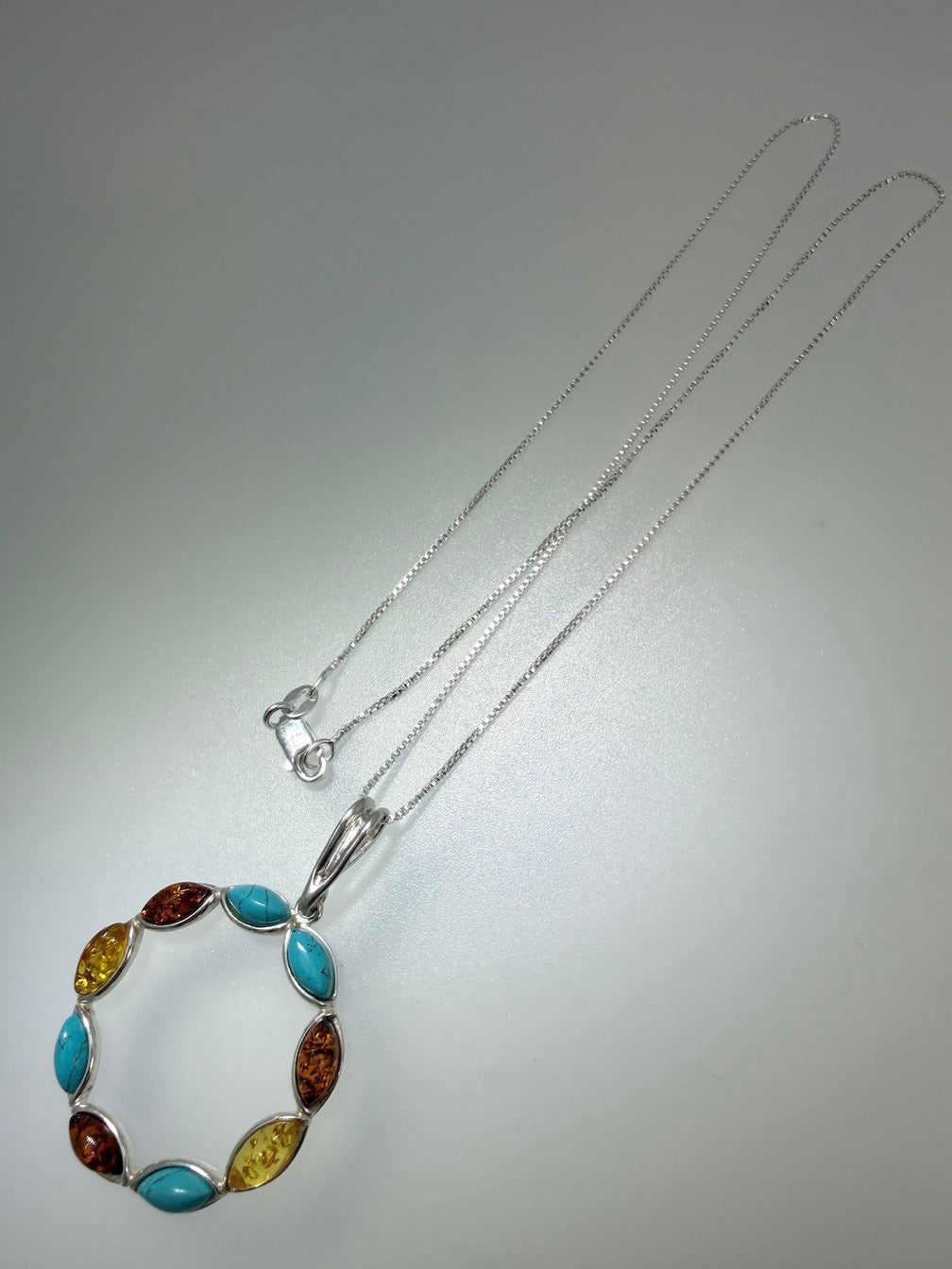 Sterling Silver & Genuine Baltic Amber Open Circle Pendant Necklace 