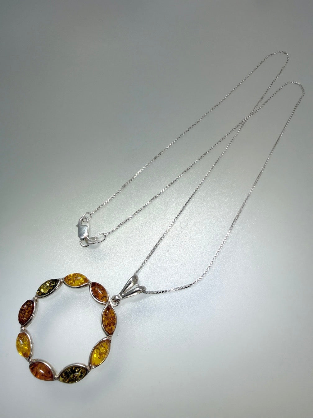 Sterling Silver & Genuine Baltic Amber Open Circle Pendant Necklace 