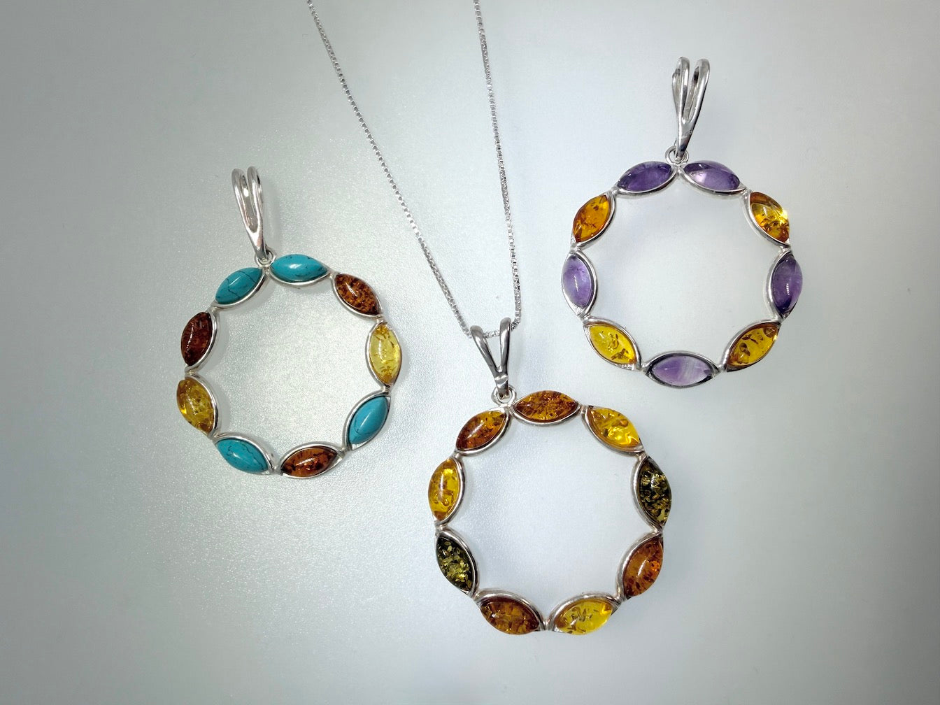 Sterling Silver & Genuine Baltic Amber Open Circle Pendant Necklace 