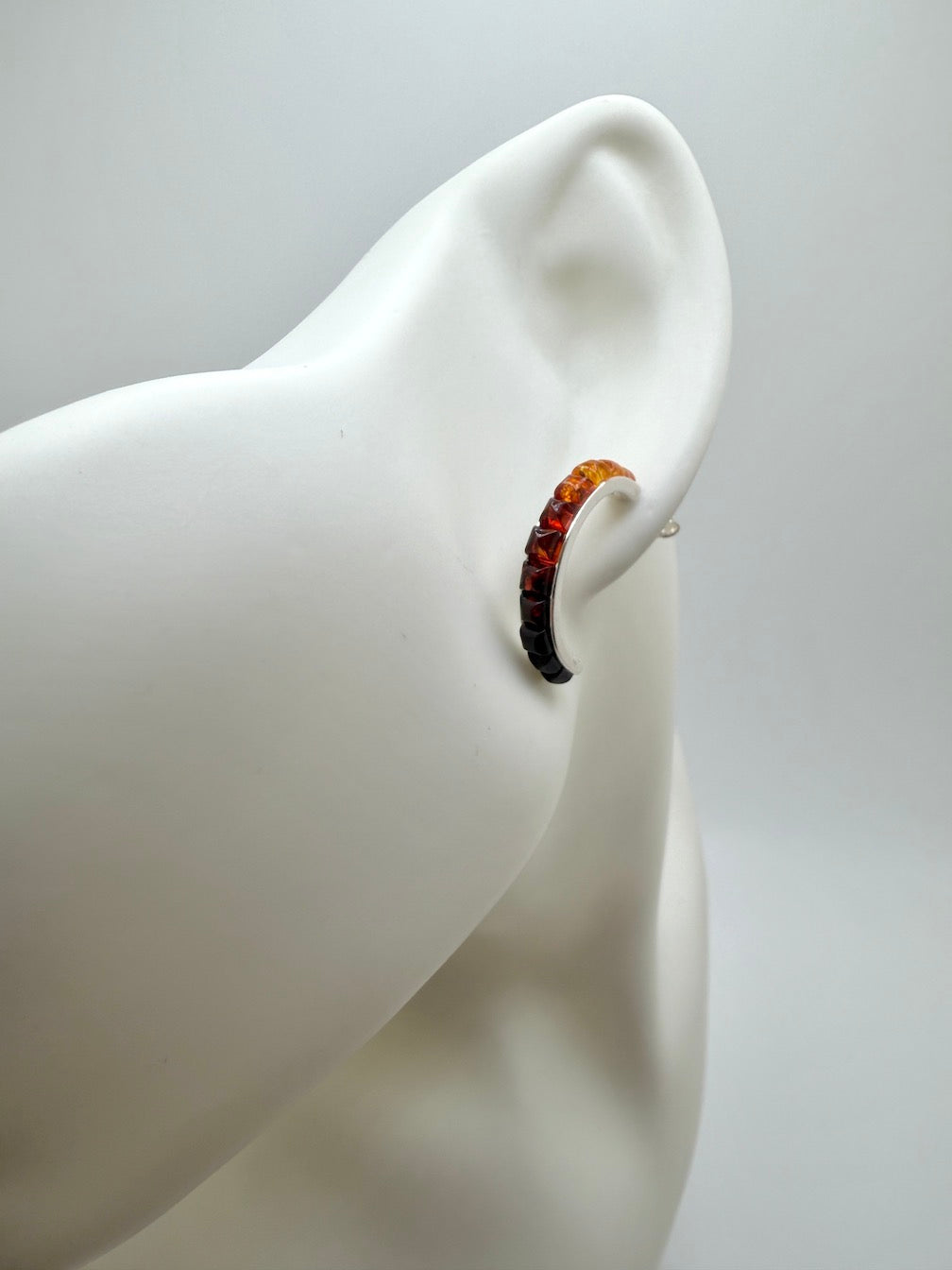Sterling Silver & Genuine Baltic Amber Open Hoop Earrings Ombre Rainbow Color