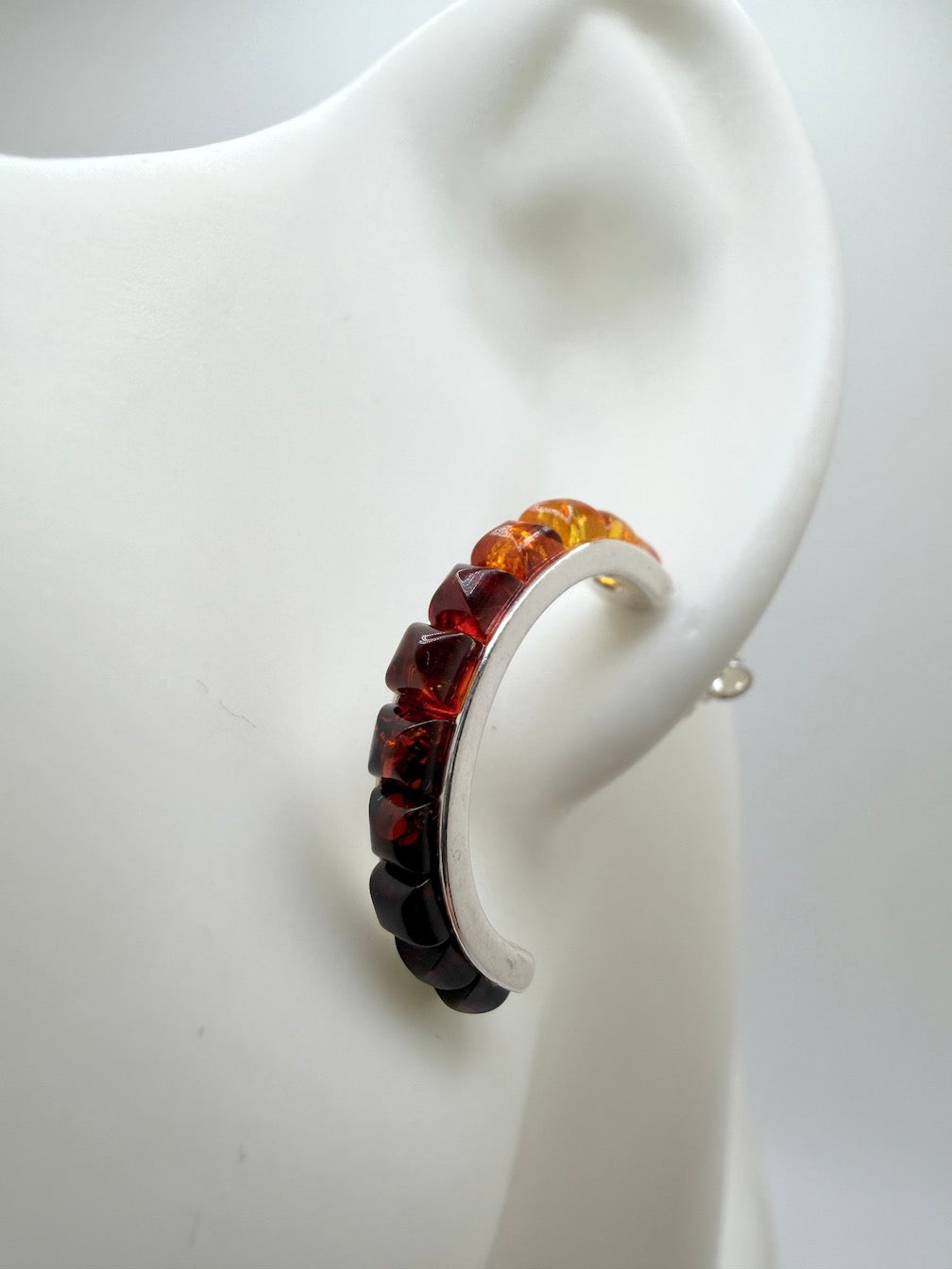 Sterling Silver & Genuine Baltic Amber Open Hoop Earrings Ombre Rainbow Color