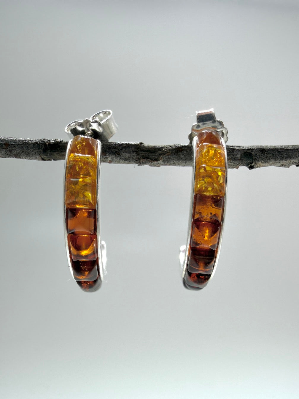 Sterling Silver & Genuine Baltic Amber Open Hoop Earrings Ombre Rainbow Color